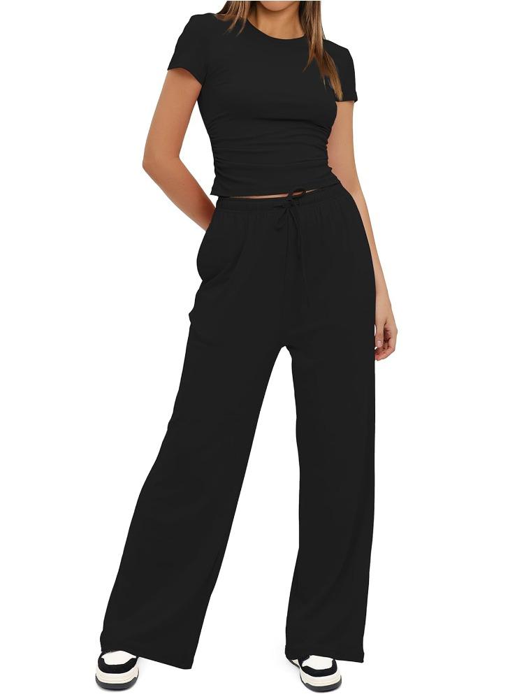 Solid Color Casual Long Sleeve Set Top High Waisted Wide Leg Pants Sportswear