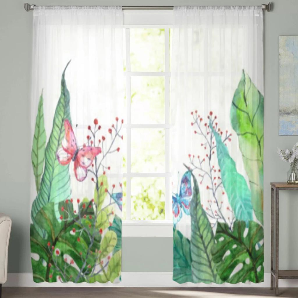 Tropické akvarelové listy a motýli Průsvitné závěsy do ložnice Vynikající voálový závěs Obývací pokoj Kuchyňské závěsy