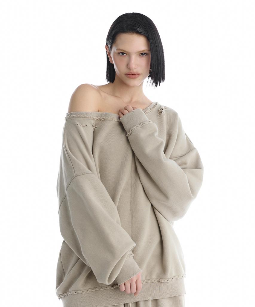 Teulimingbeodeu Scratch Damage Boat Neck Sweat Shirt [ Beige ]