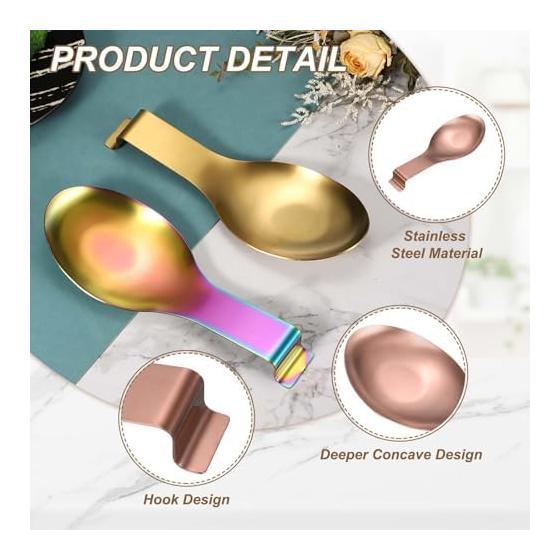 uxcell Spoon Rest, 10.6 x 3.7 Inch Stainless Steel Heat Resistant Spoon Holder Kitchen Utensil Stand with Hook for Stovetop, Rose Gold Tongs Spatula