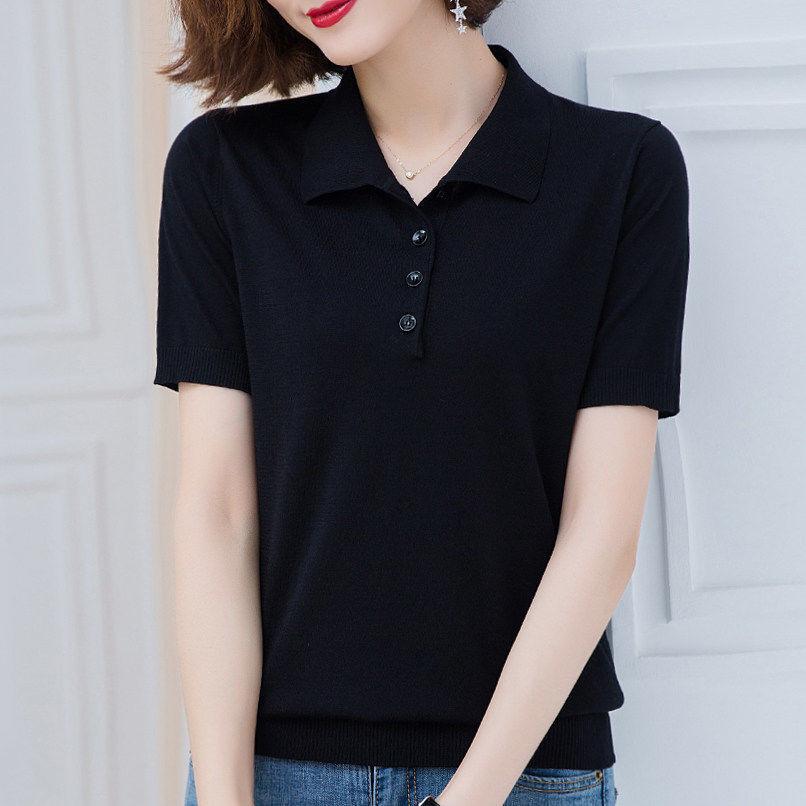 

Женская трикотажная рубашка Ice Silk, футболка с коротким рукавом, летняя новая коллекция, стильная свободная рубашка-поло с воротником 3XL чёрный