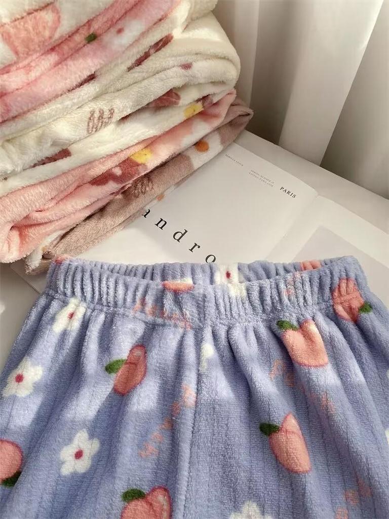 Women's 2025 Peach & Bear Print Coral Fleece Pajama Pants - Warm, Thickened, Casual Homewear for Autumn/Winter