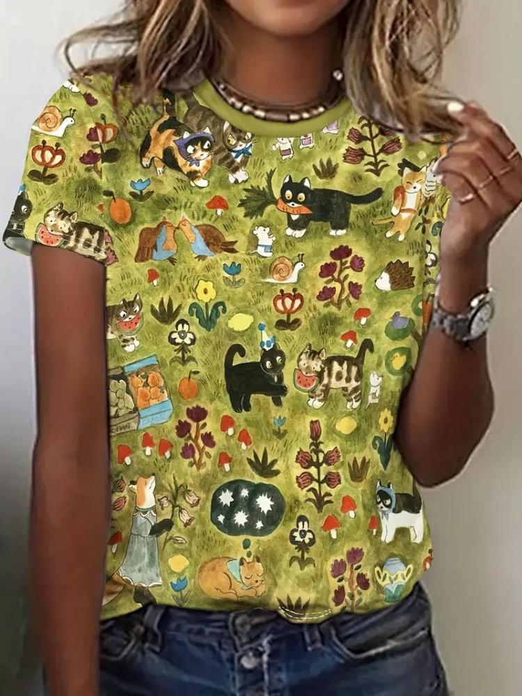 Neues Bequemes Lockeres Damen Elegantes Muster Rundhals Bedrucktes T-Shirt Schnelltrocknendes Atmungsaktives Oberteil Street Fashion T-Shirt