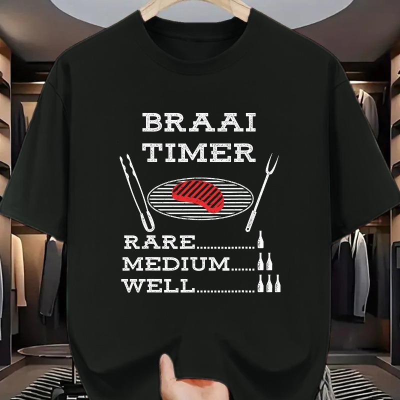 

European sizes Men Braai Themed Humorous Graphic Tee - “Braai Timer” Grill Meat Tools & Cooking Doneness Print Short Sleeve Casual Fashion T-Shirt 4XL чорний