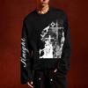 Dark Gothic Knight Print Round-Neck Long-Sleeve T-Shirt - Hip-Hop High-Street Loose-Fit Casual Cropped Top for Men and Women