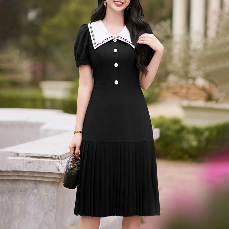 ZANZEA Women Casual Navy Collar Loose Short Sleeve Pleated Dress