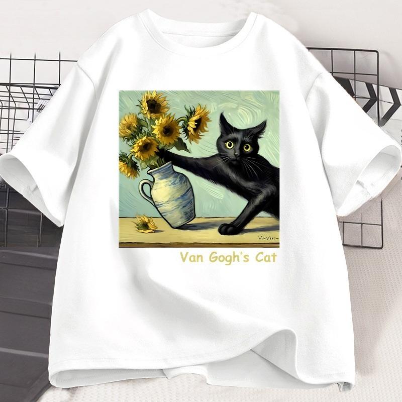 Van Goghs Cat Art Print T Shirt Funny Graphci T Shirts Trendy Summer Loose Short Sleeved Tshirt Unisex Harajuku Top
