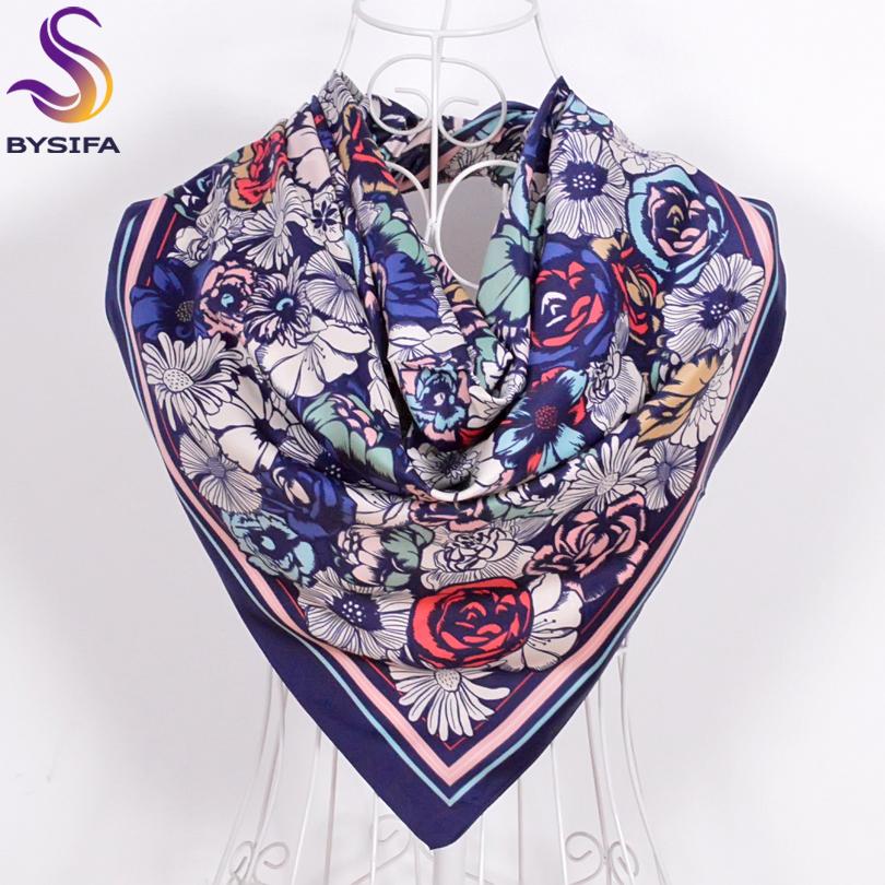Ladies Daisy Large Square Scarves  New 90*90cm Spring Autumn Matt Satin Scarves Fashion Accessories Navy Blue Silk Scarf
