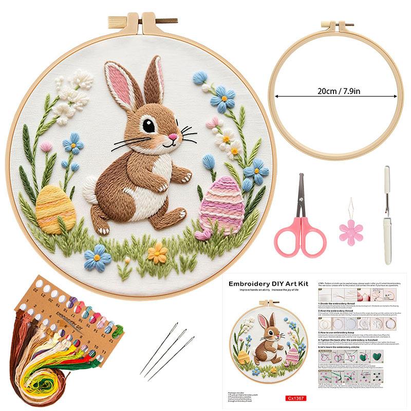 Easter Embroidery Kit for Beginners, DIY Hand Embroidery Set with Bunny Egg Floral Patterns, Including Hoop Thread Needles, Easter Craft Sewing Gift