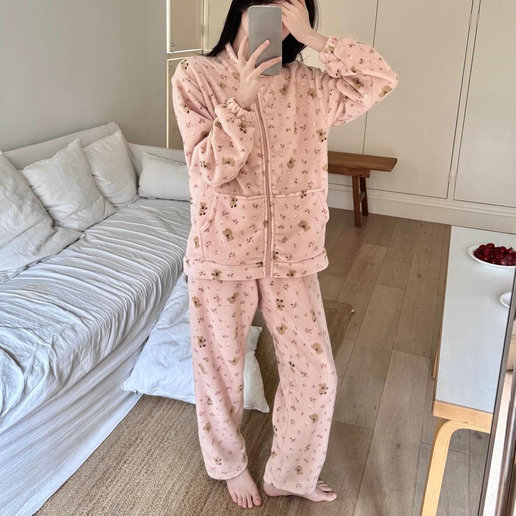Winter Pajamas Women's Cute Plush Thick Zipper Warm Home Clothes Set