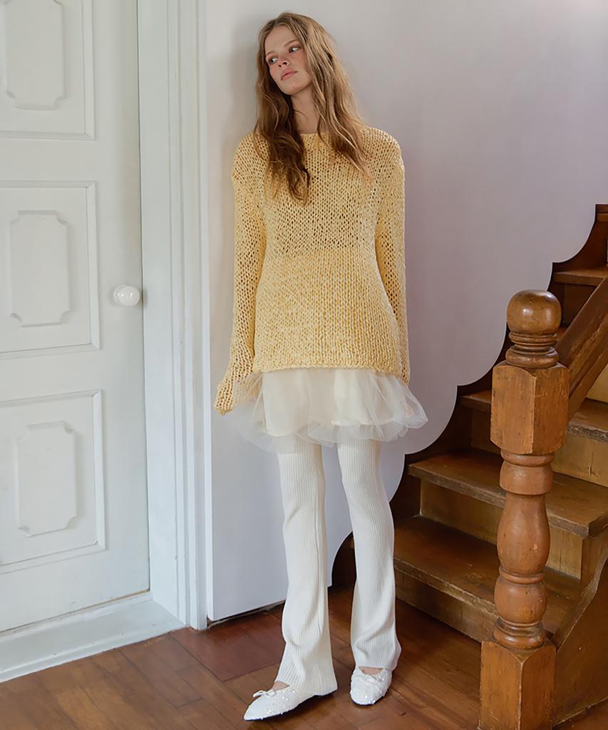 Lonkeu Spring Boots Cut Knit Leggings Pants (Ivory)