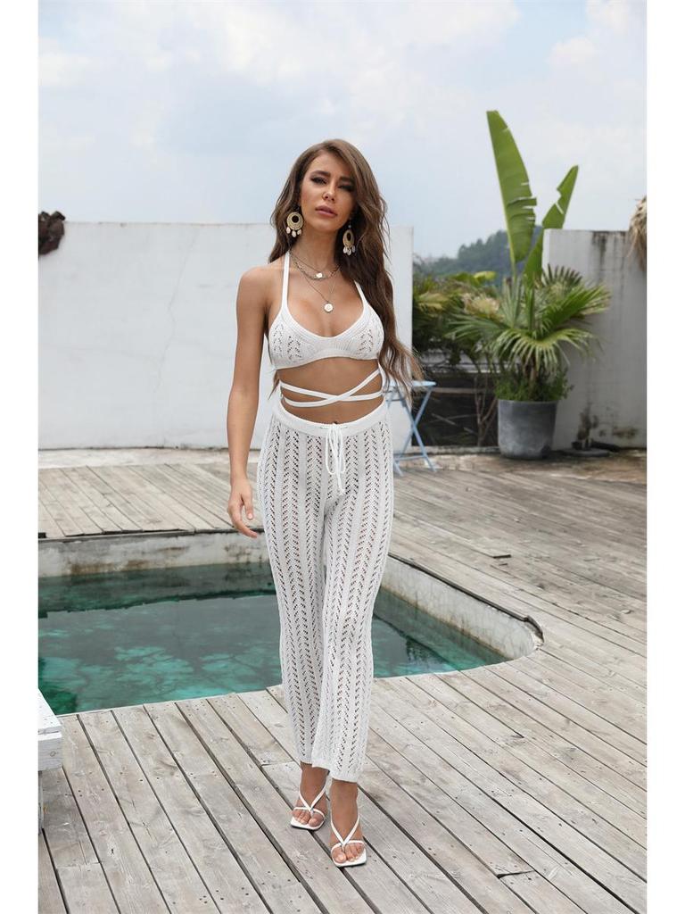 European & American Hollow Bikini Top with Sexy Strap Trousers Two-Piece Set