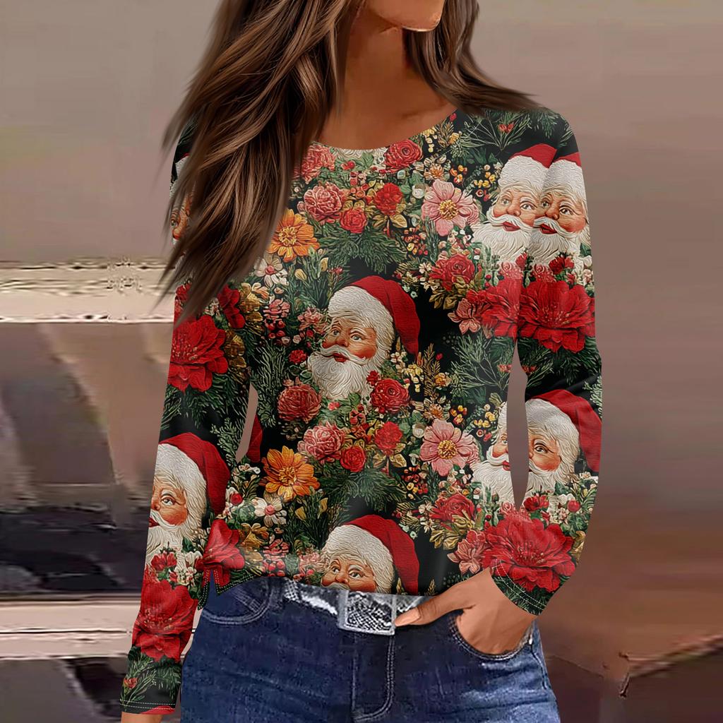 Women's Fashion Hem Slit Casual Christmas Printed Round Neck Long Sleeve Top