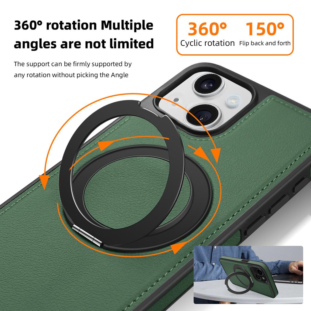 For iPhone 14 Plus Case with Ring Kickstand Compatible with MagSafe PU Leather Back Cover