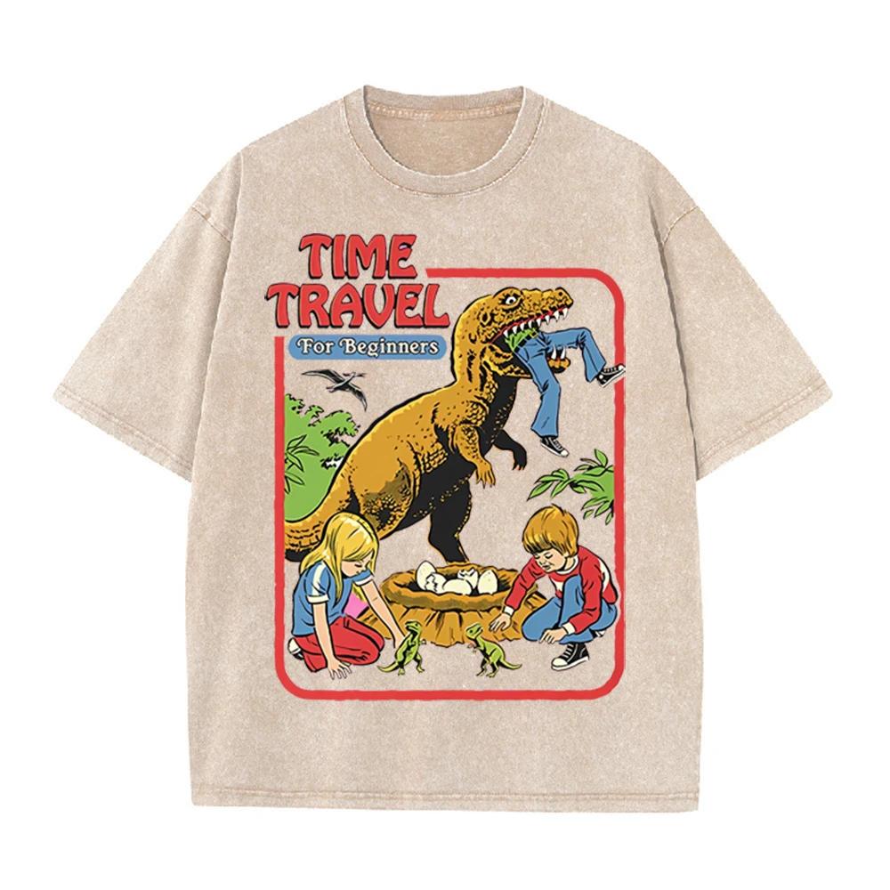 2026 Vintage Washed Beige Retro Dinosaur Kids Cartoon Graphic T Shirt Time Travel Animal Print Oversized Unisex Casual Short Sle