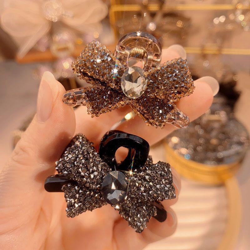 2Pcs Light Luxury Full Diamond Bow Small Shark Clips Cute Traceless Hair Accessories For Women Girls Temperament Hair Claw