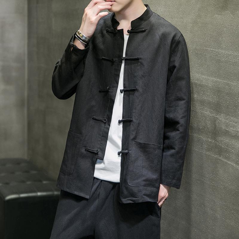 Herren Frühlings- und Herbstmodelle Übergröße Einfarbige Knöpfe Absatz Tang-Anzug Hemd Chinesisches Retro Loses Teekostüm Zhongshan Anzug Bluse