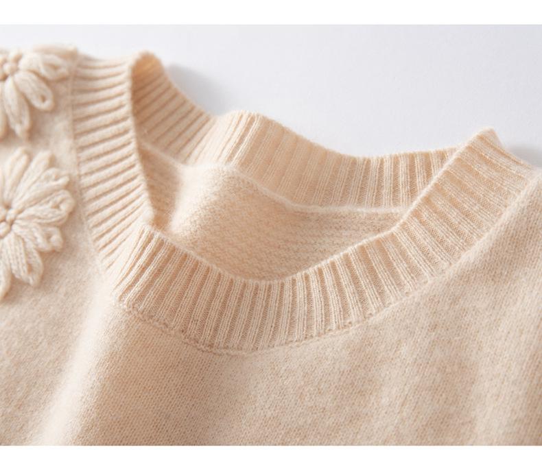 Women's Floral Embroidered Cashmere Sweater – Round Neck, Long Sleeve, Autumn/Winter 2025 Style