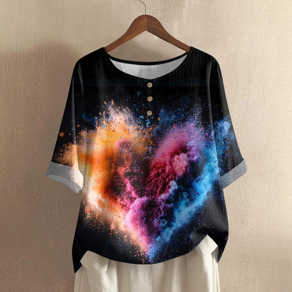 Damska casualowa i wygodna bawełniano-lniana bluzka z okrągłym dekoltem, średniej długości, z modnym nadrukiem