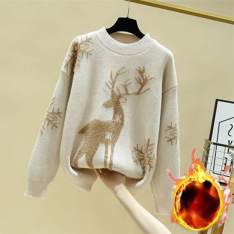 Christmas Deer Padded New Year Loose Knit Women's Sweater Autumn and Winter Warm Thickened Outside The New Pullover Bottoming Shirt
