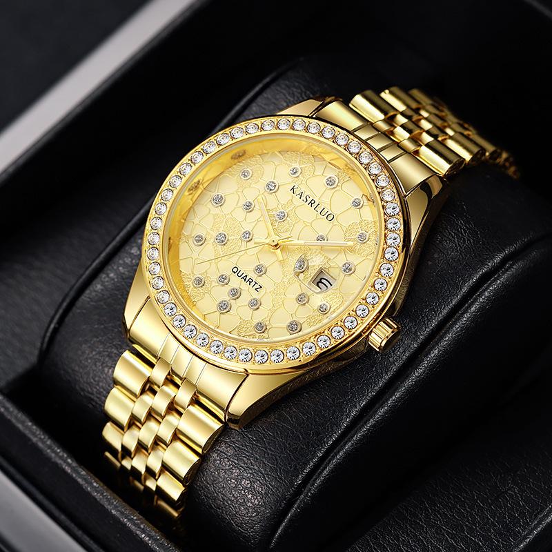 Watch Men'S Trend Diamond-Encrusted Couple Steel Belt Calendar Casual Student Adult Automatic Quartz Watch