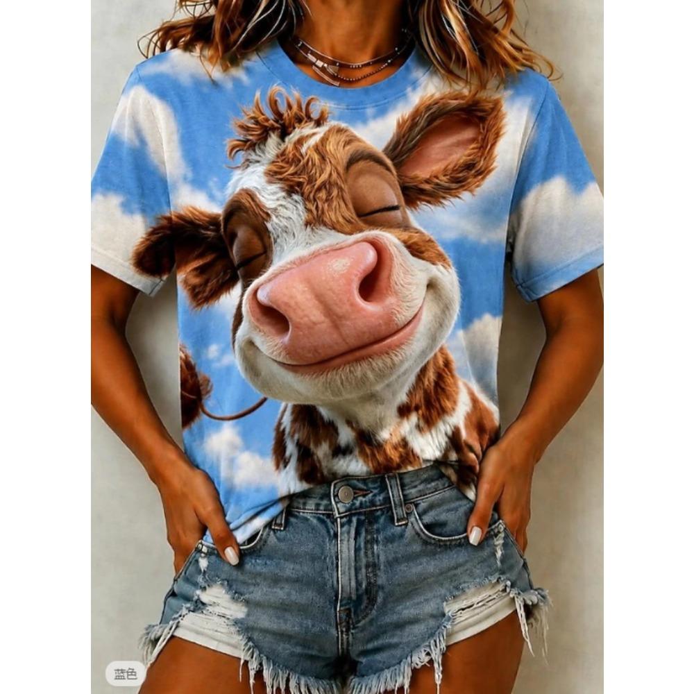 Fashion Women Retro Creative Cow Pattern  Print T Shirt Funny Casual O-neck Short Sleeves T-shirt Summer Female Tee Shirt