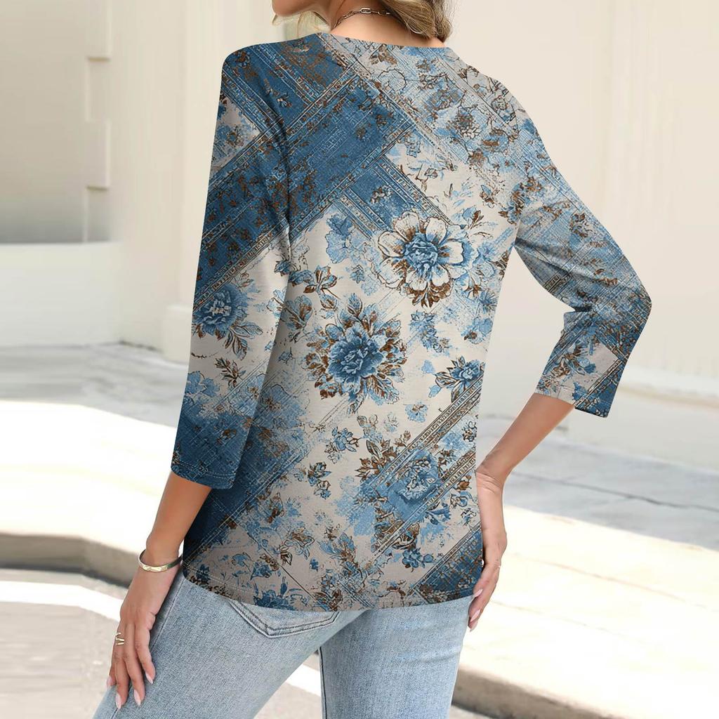 Women's Fashion Casual Print Button-down Shirt 3/4 Long Sleeve Tops