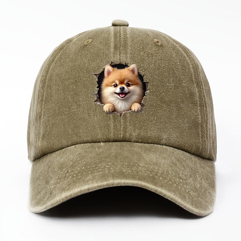A Realistic And Adorable D Pomeranian Dog Baseball Cap for Women Featuring a Cute Plush Pet Peeking Through a Wall Window Des