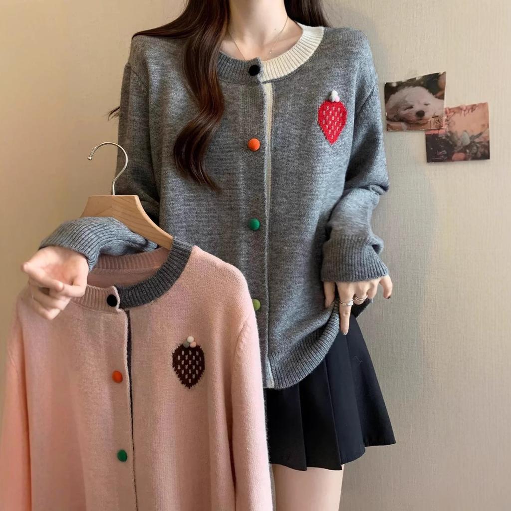 Korean Youthful Color Block Round Neck Strawberry Knit Cardigan Women Designer Sweater Top