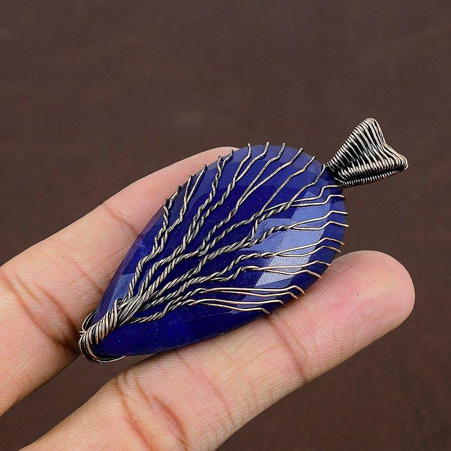 Sapphire Natural Gemstone Handmade Copper Wire Wrap Pendant 2.84" r8J48