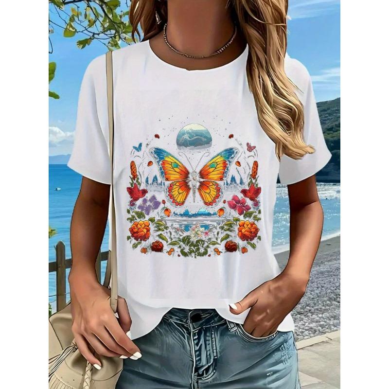 

European Size Y2K Style Blue Aries Zodiac Print T-Shirt | Casual Round Neck Short Sleevewith Vibrant Butterfly and Floral Design,Gift for All Seasons 4XL білий