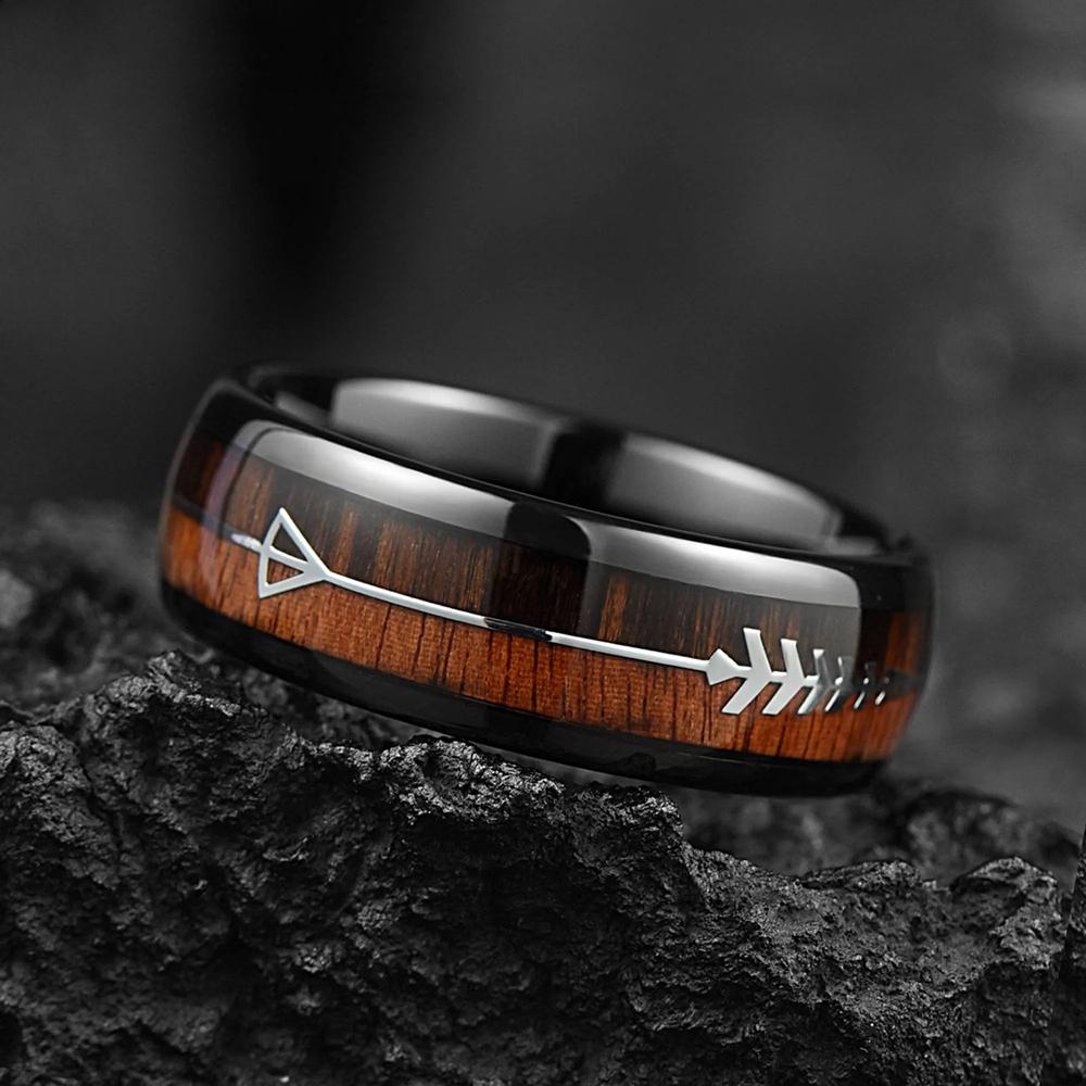 8MM Men's Koa Wood Inlay Stainless Steel Ring Unique Silver Arrow Steel Rings For Gift Luxury Party Wedding Band Jewelry Gift