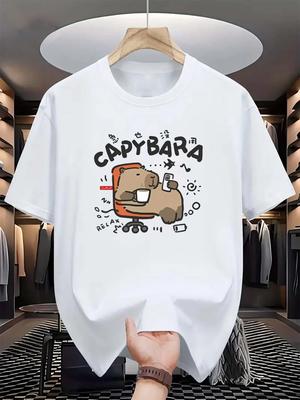Sommer Herren 100% reine Baumwolle modisch lässig Capybara Muster bedruckt Rundhals Kurzarm T-Shirt Top Kleidung