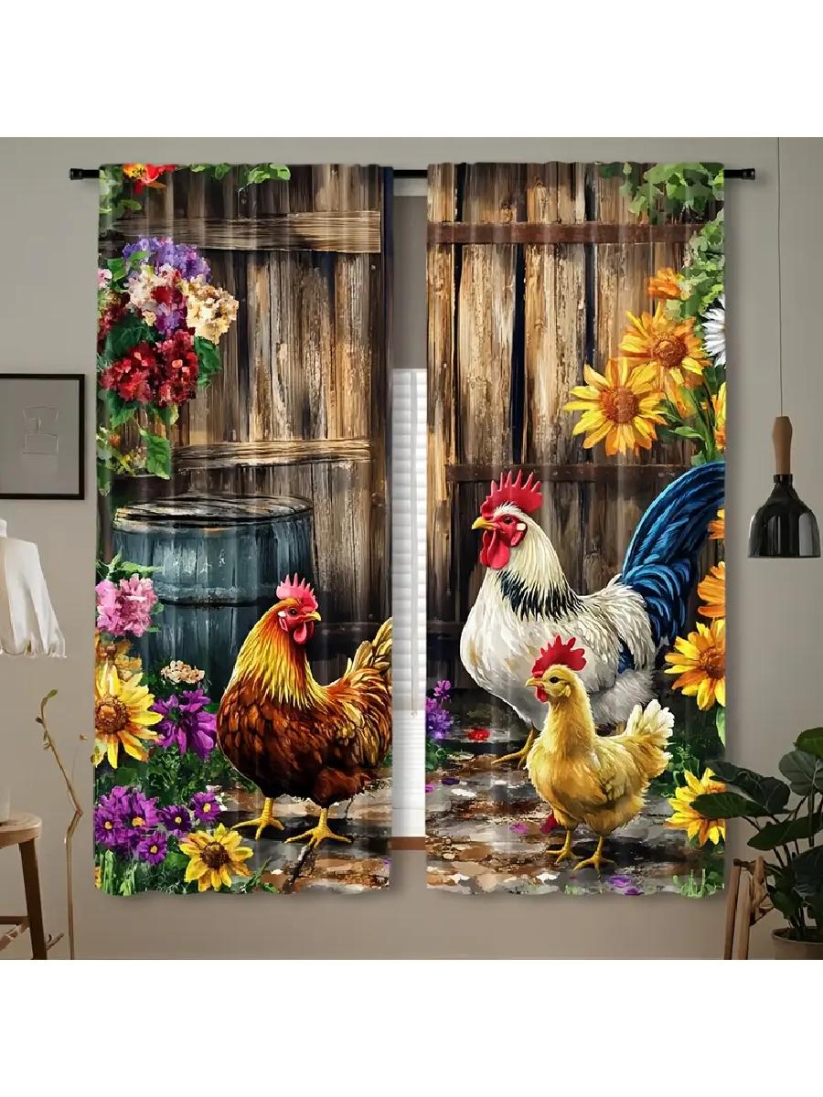 

Farmhouse Rustic Rooster Floral Printed Curtains Designed Quality Material Ideal Style Home Wind Semi Sheer Set Of 2 Made Polyester W100*H70(CM)-Rod Pocket&1PCS