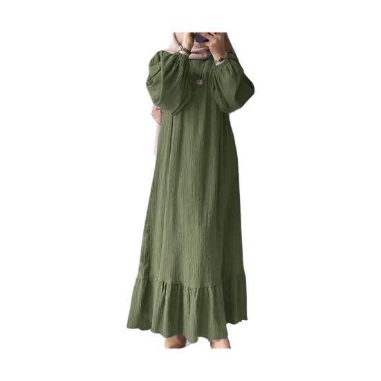 Women Dress Round Neck Puff Long Sleeve Loose Fit Maxi Dress with Layered Ruffle Hem Puff Sleeves Holiday Wear