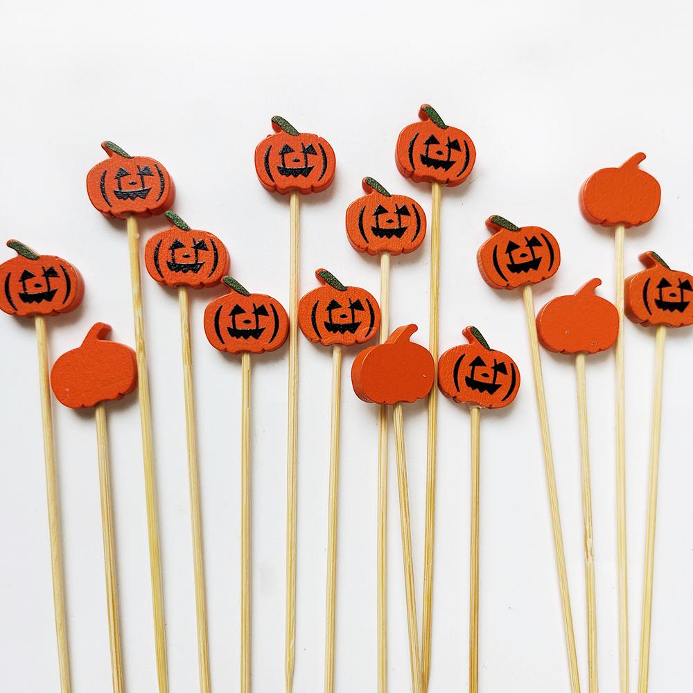 100Pcs Halloween Pumpkin Skewers Bamboo Picks Fruit Forks Buffet Dessert Toothpicks Ghost Bat Halloween Party Decoration