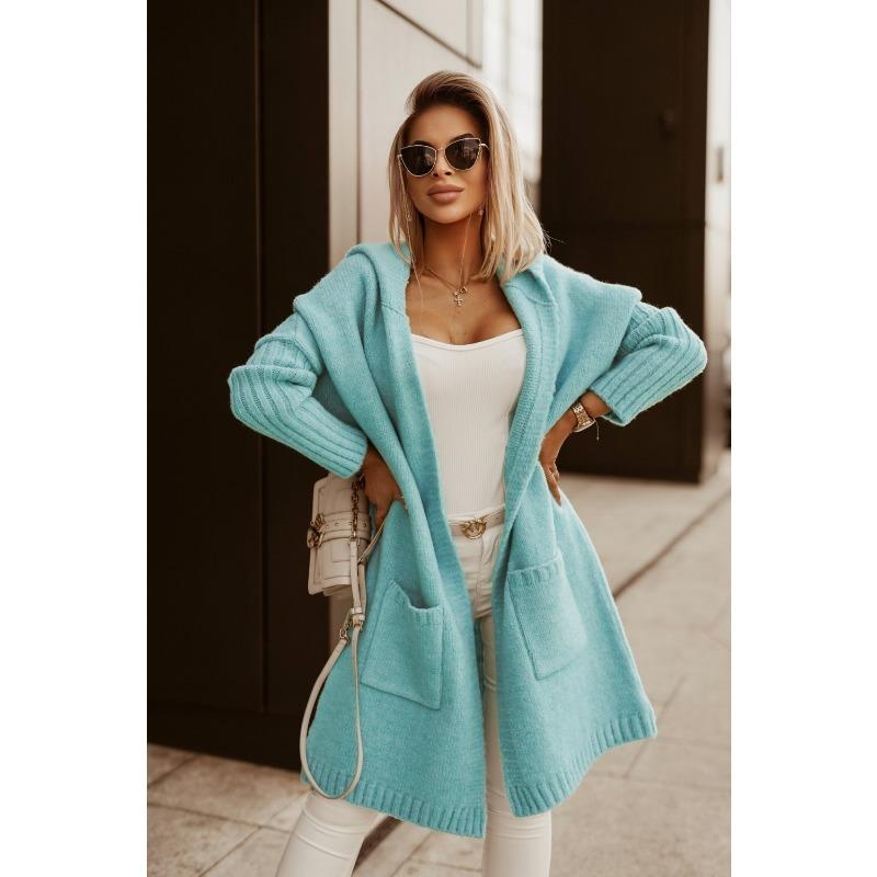 Autumn and Winter Women's Sweater Cardigan Lapel Hooded Long Letter Loose No Buttons Knit Cardigan