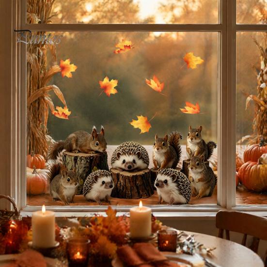 Creative Home Decor Gifts 2PCS Static Window Sticker, Squirrel And Hedgehog Printed, Autumn Forest Decals Theme Waterproof PVC Decal, for Glass Doors