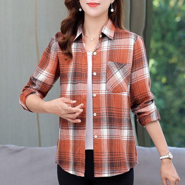 Spring Autumn Mom's Elegant Harajuku Plaid Tops Women Loose Casual All Match Lady Shirt Polo Collar Button Long Sleeve Shirt