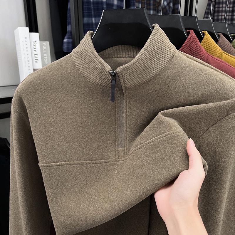 Men's Double-Sided German Fleece Half-Zip Hoodie - Stand Collar, Warm Base Layer for Autumn/Winter, Simple Casual Fashion.
