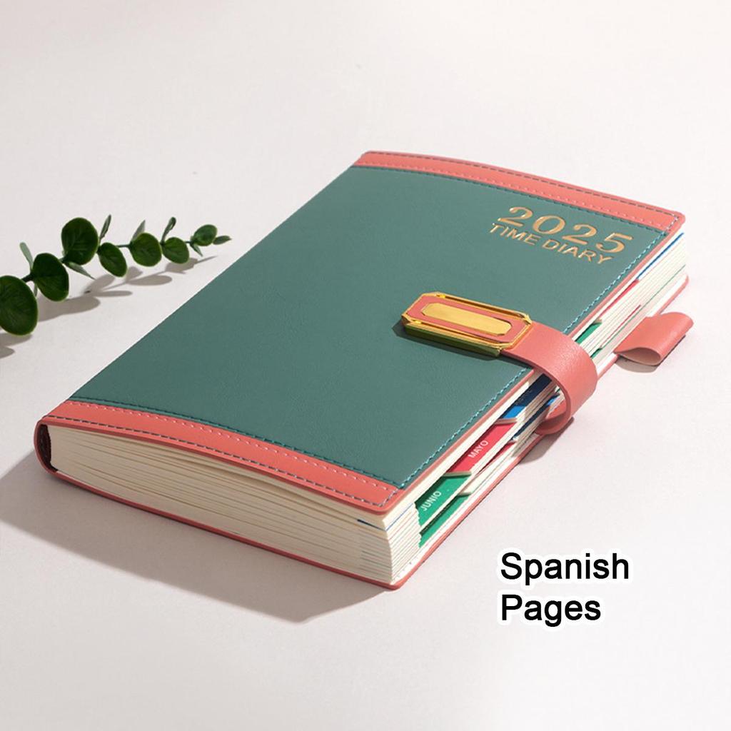 A5 Leder 2025 Geschäftsplaner Notizbuch, Englisch/Spanisch/Französische Seiten, Studenten Tagesplaner, Notizblock, Memo