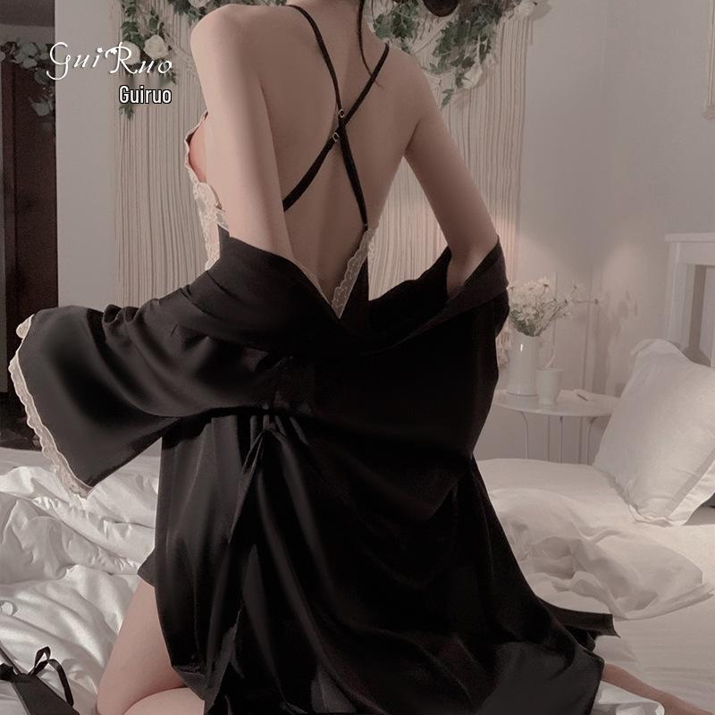 Elegant Spring/Summer Lace Pajama Set: Backless Camisole Nightgown & Cardigan