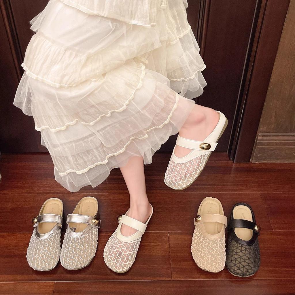 French hollow woven fishing net shoes soft sole half slippers women's 2025 summer wear Mary Jane flat bottom bag head sandals