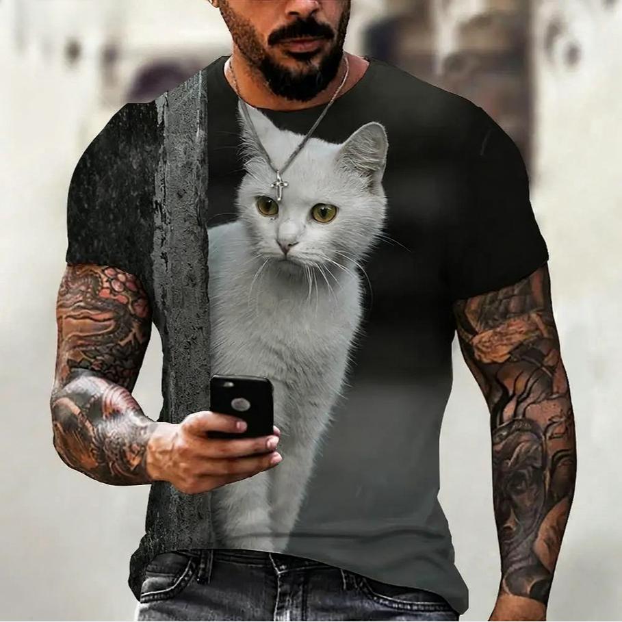 Summer Round Neck Animal Cat Pattern 3D Print Top Fashionable Casual Short Sleeved Men's T-shirts