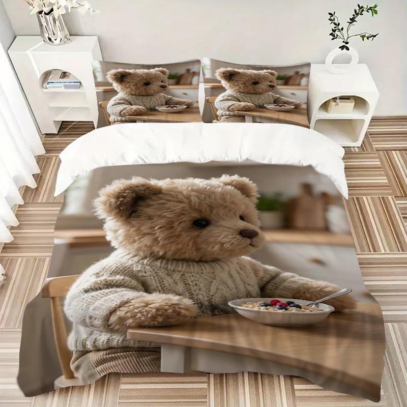 3pcs Anime Teddy Bear Bedding Set - Includes One Quilt Cover and Two Pillowcases (No Core) - Home Decor, Holiday Gift, Polyester Fabric, Ani