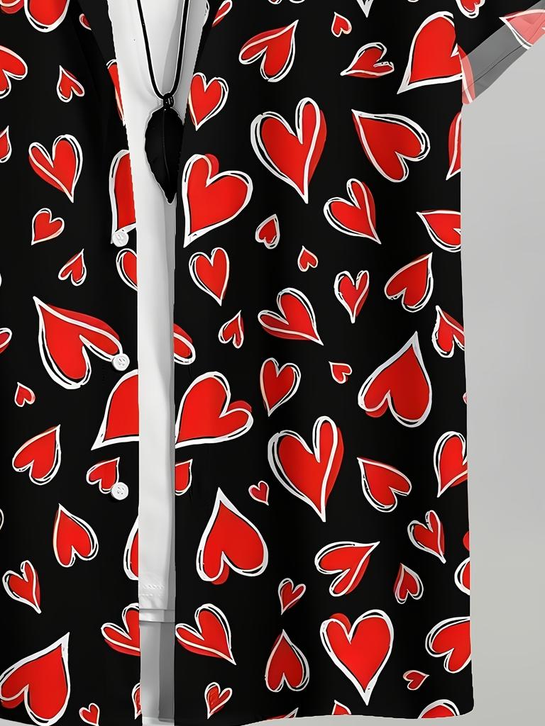 Valentine's Day Shirt for Men, Casual Shirt with Heart Pattern Print, Valentine's Day Gift