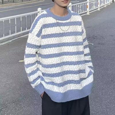 Striped Sweater Men's Autumn and Winter Lazy Japanese Loose Coat Retro Trendy Brand Winter Thickened Long-sleeved Knitted Sweater