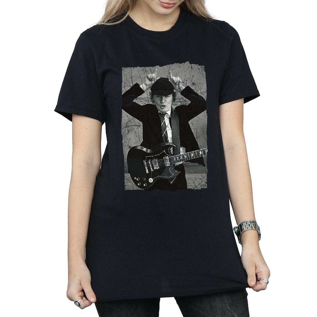 AC/DC Dámské/Ladies Angus Young Distressed Photo Cotton Boyfriend T-Shirt