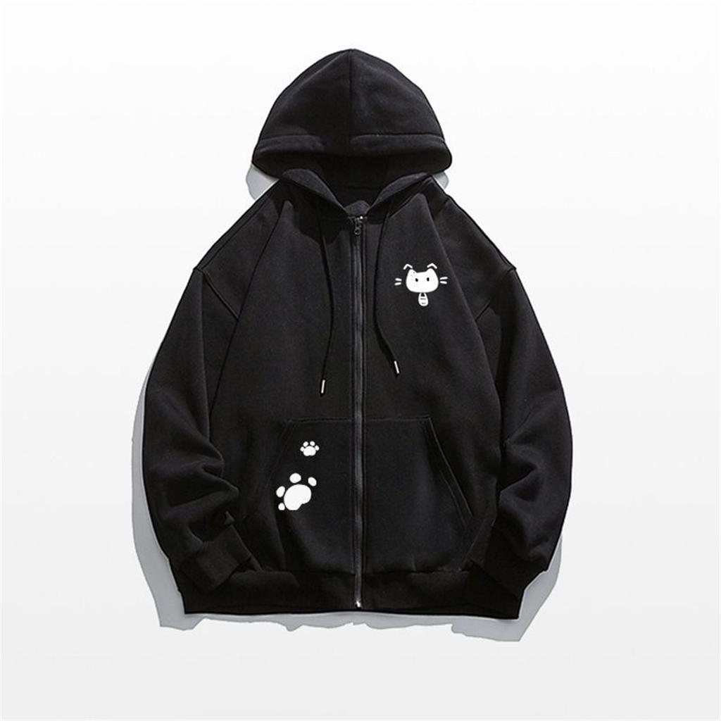 Spring And Autumn Thin Collection Fashion Trends Versatile Casual Lazy Wind Cute Girl Zipper Fun Cat Print Hooded