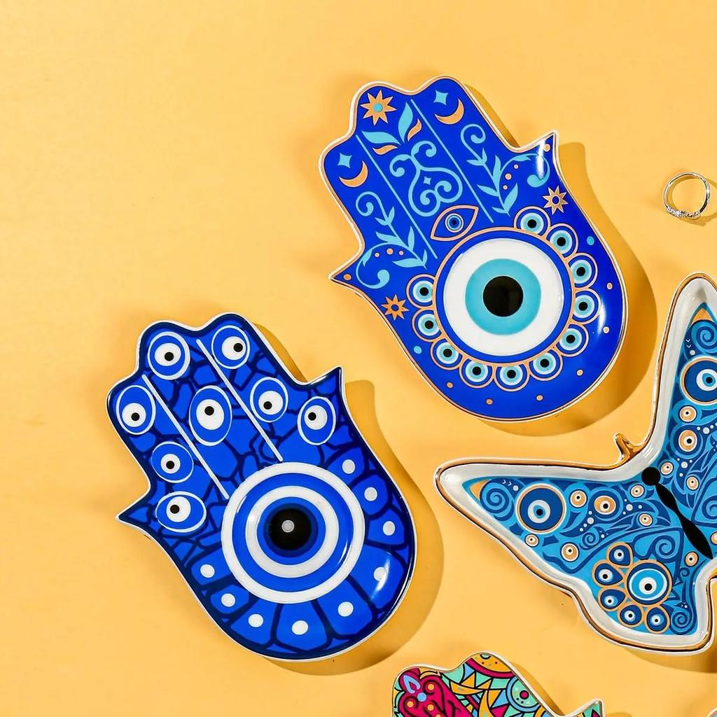 Evil Eye Hand of Fatima Holder,Jewelry Tray, Ring Dish,Decorative White Ceramic Ring Tray for Jewelry, Key Bowl